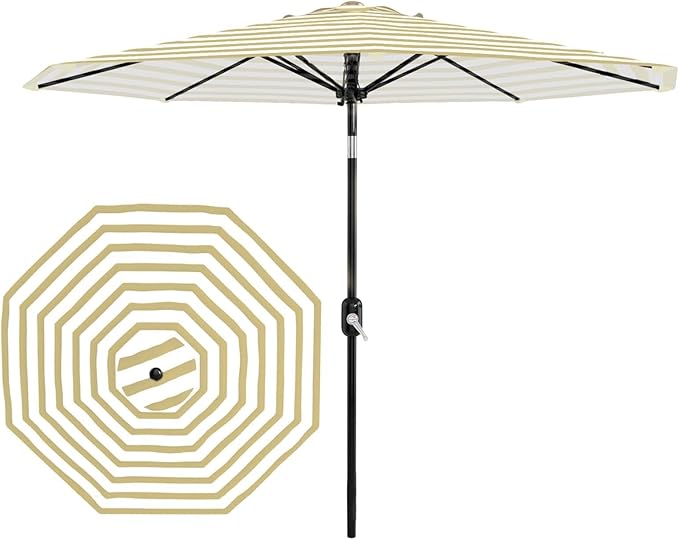 Garvee 10 ft Outdoor Patio Umbrella 8 Sturdy Ribs Outdoor Table Umbrella with Crank Lift & Push Button Tilt UV Protection Waterproof Market Umbrellas for Pool Deck Yard Garden Tan & White Stripes