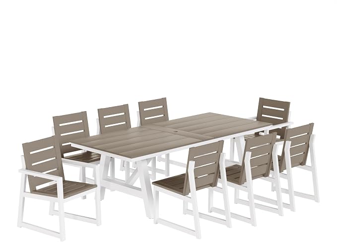 WestinTrends Cape May 9-Piece HDPE Outdoor Furniture Patio Dining Table with Umbrella Hole and Chairs Set for 8, Weathered Wood