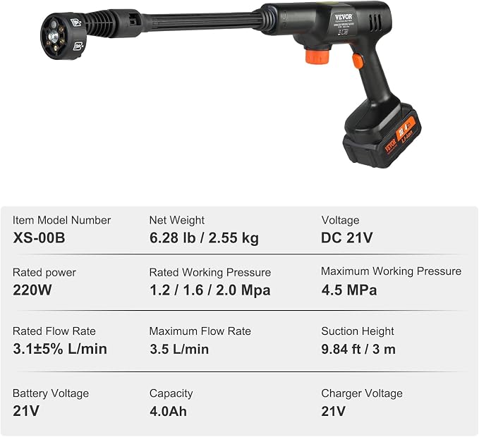 VEVOR Cordless Pressure Washer, 652PSI 1.0GPM BRUSHLESS Motor Rechargeable 4.0Ah Battery Powered, Handheld High-Pressure Car Washer Gun with Charger, 6-in-1 Nozzle for Home/Floor Cleaning & Watering