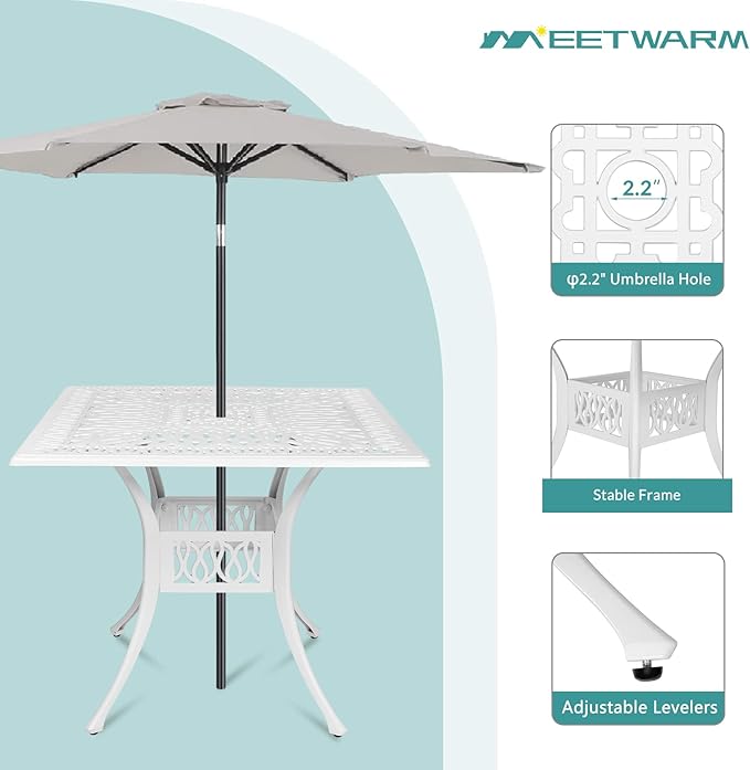 MEETWARM 35.4" Square Patio Dinning Table, Outdoor Cast Aluminum Dinning Large Table with 2.2" Umbrella Hole, White