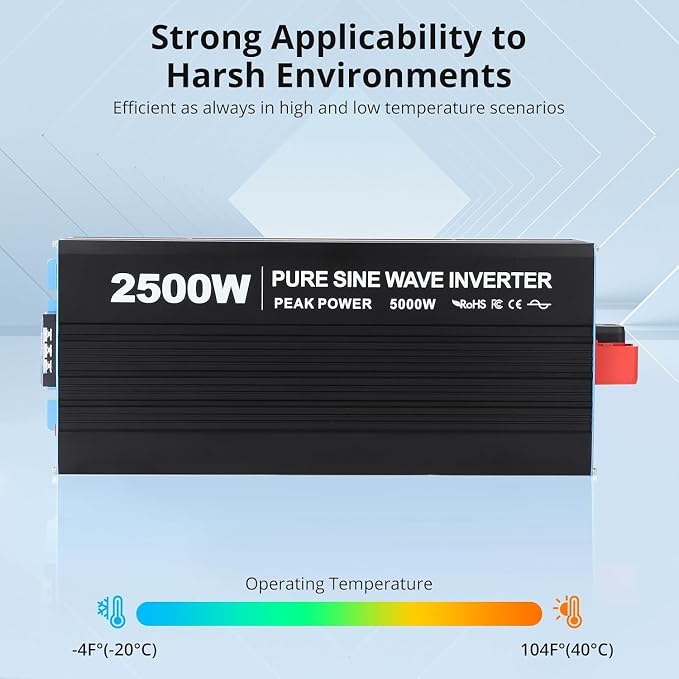Power Inverter 2500 Watt Pure Sine Wave 12V DC to 110V/120V AC 5000W Peak Converter for Family RV Off Grid Solar System with 4 AC Outlets LCD Display Remote Control and 3.4A USB Charging Port