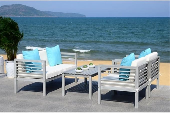 SAFAVIEH Outdoor Collection Alda Grey Wash/ White Cushions/ Light Blue Pillows 4-Piece Conversation Patio Set