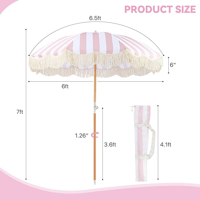 6ft Outdoor Boho Umbrella With Tassels Pink And White Striped Patio Umbrella UPF 50+ Protection Beach Umbrellas For Sand 8 Ribs Fringe Umbrella With Tilt Market Table Umbrella for Pool Backyard