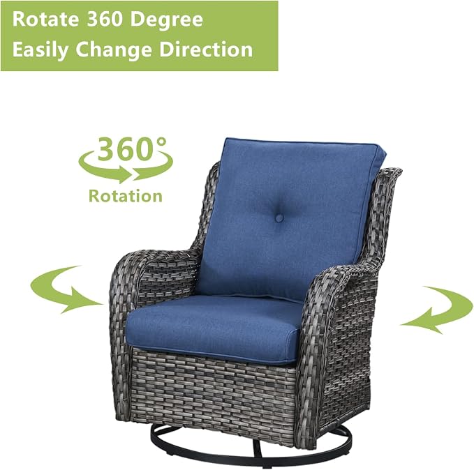Rilyson 6 Piece Outdoor Patio Furniture Set - Rattan Wicker Patio Conversation Sets with 2 Swivel Rocker Chairs,2 Ottomans,1 Sofa and 1 Coffee Table for Outside Porch Deck Yard (Mixed Grey/Blue)