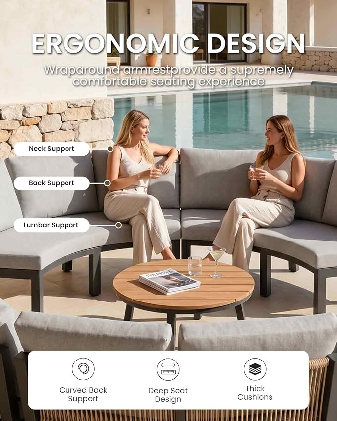 Half Moon Patio Furniture Set, Aluminum Curved Patio Conversation Sets, Luxury Outdoor Sectional Sofa with PE Rope, All-Weather 7 Pcs Outdoor Couch with Modular Coffee Table & Cushions, Gray