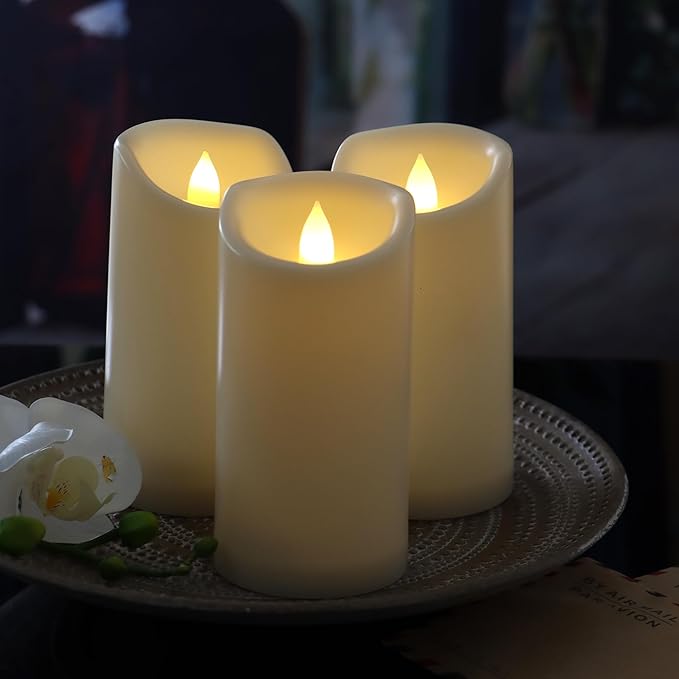 CANDLE CHOICE Waterproof Outdoor Battery Operated Flameless Candles with Timer Flickering Plastic Resin Electric LED Pillar Lights for Lantern Patio Garden Wedding Party Decorations 3x6 Inches 3 Pack