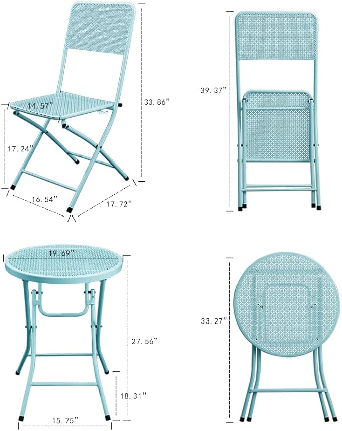 3-Piece Patio Bistro Set, Metal Folding Outdoor Patio Furniture Sets, Stainless Steel Patio Conversation Set with Folding Patio Round Table and Chairs for Yard, Garden or Balcony