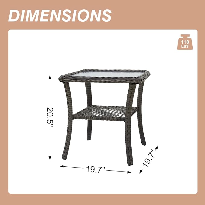 COOS BAY PE Rattan Outdoor Side Table, Tempered Glass Top Coffee Table for Garden, Lawn, Deck, Backyard, Stonewash Gray
