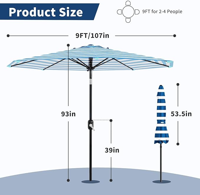 Garvee 9FT Patio Umbrella - Outdoor Table Umbrella with Smooth Crank Lift, Push Button Tilt and 8 Sturdy Ribs - Market Umbrella UV Protection Waterproof for Pool, Deck, Yard, Garden