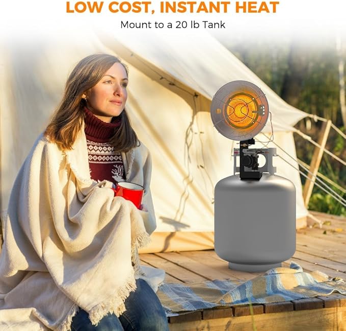 CAMPLUX Tank Top Propane Outdoor Heater 15,000 BTU, Single Burner Radiant Outdoor Heater with Tip-Over, 3 Adjustable Heat Modes with CSA Valve & Regulator for Garage, Camping, Hunting, Fishing, Patio