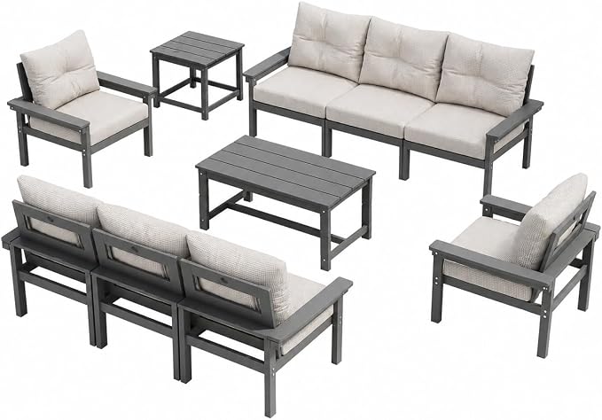 HDPE 10 Piece Outdoor Patio Furniture Set, All-Weather Outdoor Couch Set with Thick Cushions & Coffee Table, Patio Conversation Sets for Lawn, Deck,Garden, Porch, Balcony, Poolside, Grey Beige