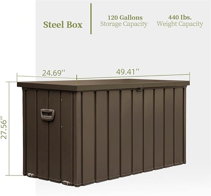 ChicFurnit Outdoor Storage Box, 120 Gallon Deck Box with Lockable Metal Lid & Portable Side Handles, Outdoor Storage Bin with Stable Support Rod, Soft Close Mechanism & Mobility Rollers, Dark Brown