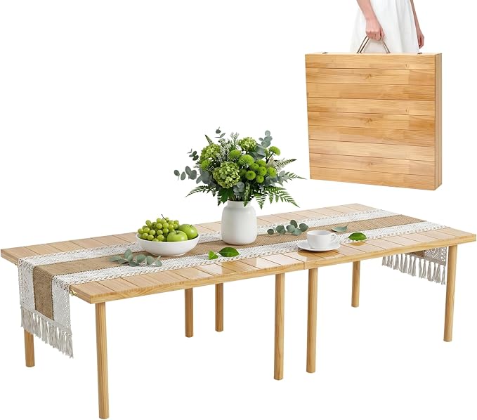 Upgraded Extra Large Low Wooden Folding Picnic Table with 8-Legs, Thick Varnished Tabletop, 80"×30" Portable Boho Beach Table with Table Runner for Yard, Camping, Outdoor Party (Vertical Stripe)