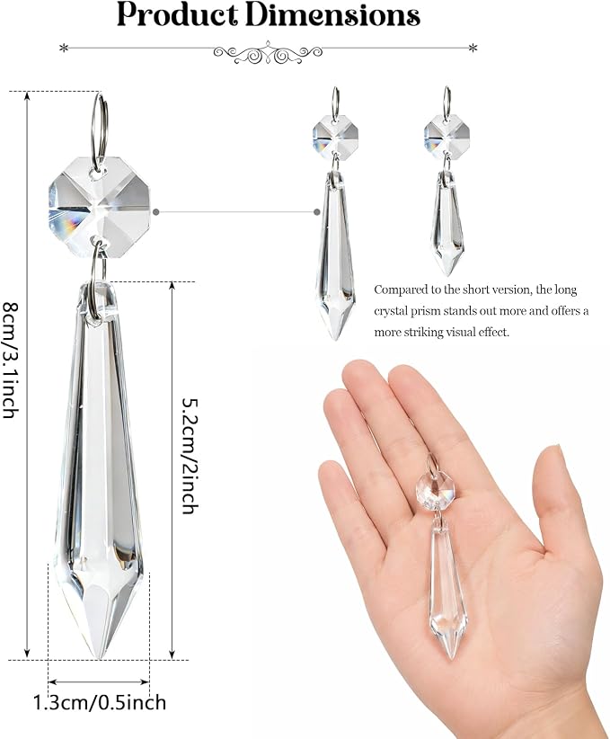 Premium Clear Crystal Glass Drops 3.1" -Multi Purpose Bluk Crystal Beads Hanging Prisms for Holiday Party/Home/Window Decoration/Chandelier Replacement Parts (L-100pcs)