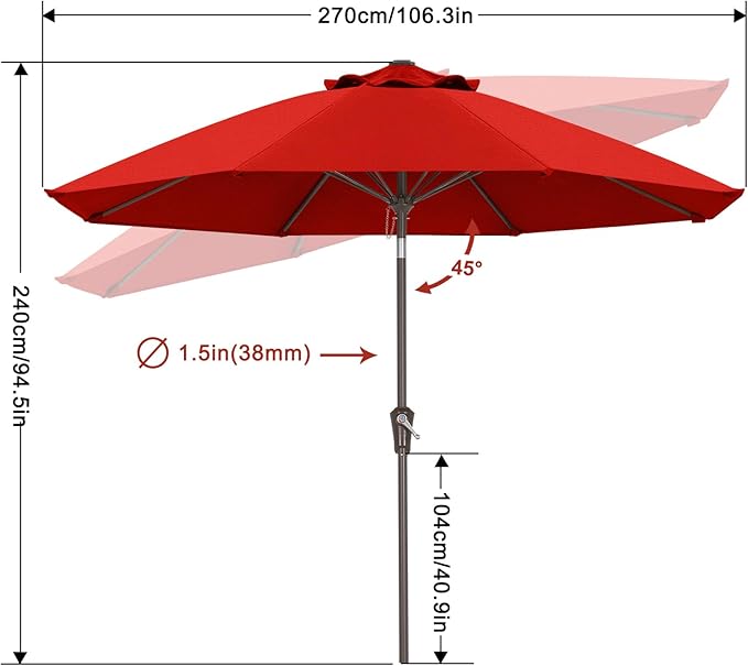 ABCCANOPY 10-Year No Fading 9FT Patio Umbrella, Acrylic Outdoor Table Umbrella with 8 Sturdy Ribs for Deck, Backyard, Garden, Yard (Red)