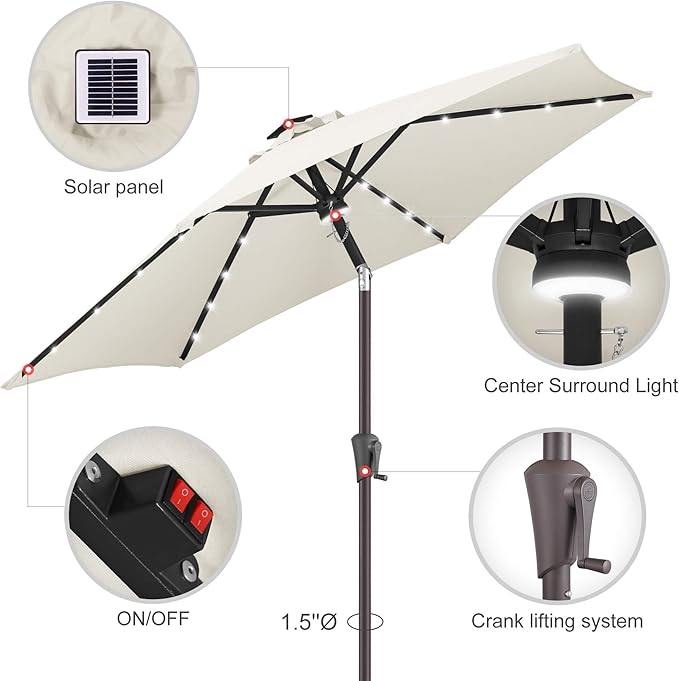 10FT Solar Patio Umbrella - Outdoor Umbrella with Centre Surround Light 24 LED Lights, Market Table Umbrella with Tilt for Pool, Porch, Garden, Deck, Backyard UV Protection (Ivory)