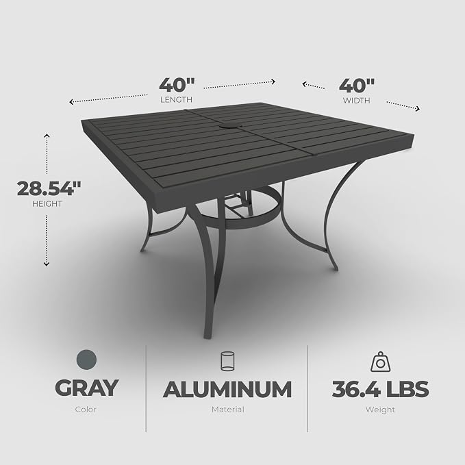 Four Seasons Courtyard Palermo Aluminum Slat Top Outdoor Square Patio Bistro Dining Table with Umbrella Hole and Tapered Leg Design, Gray