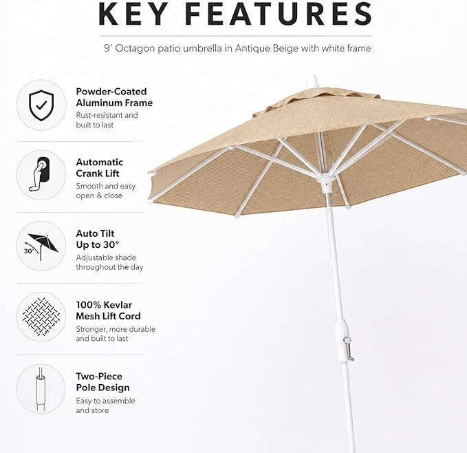 Treasure Garden 9ft Patio Umbrella - Outdoor Furniture Market Umbrella – Deluxe Auto-Tilt – White Aluminum Frame (Sunbrella, Antique Beige)