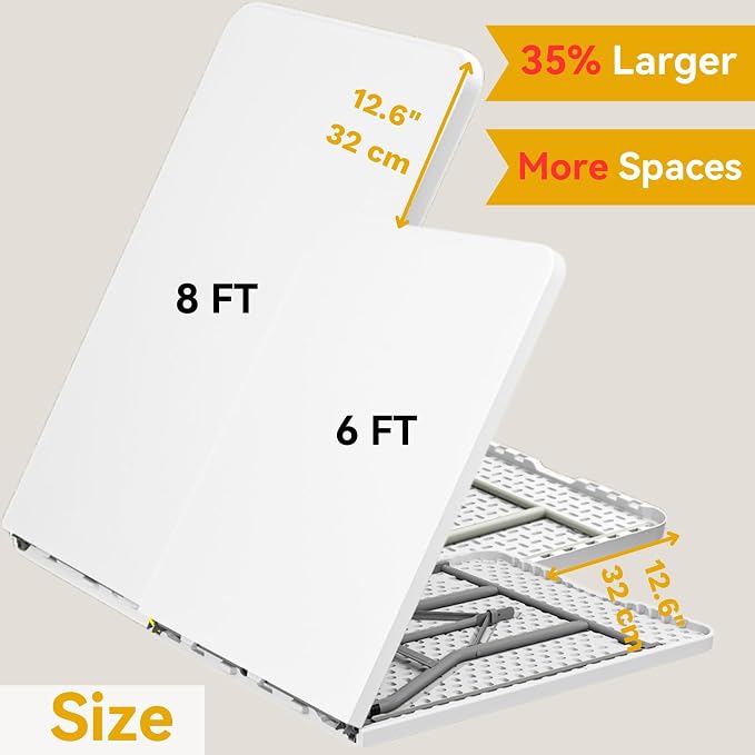 DWVO 8FT Folding Tables, Heavy Duty 8ft White Folding Table with Carrying Handle, Portable Plastic Fold in Half Table for Outdoor Camping Picnic Parties Indoor Events, White
