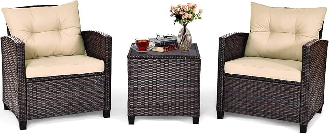 DORTALA Wicker Patio Furniture Set 3 Piece, Outdoor Table and Chairs with Tempered Glass Tabletop, Cushions, Small Rattan Conversation Sofa Set for Balcony, Porch, Backyard, Deck, Beige