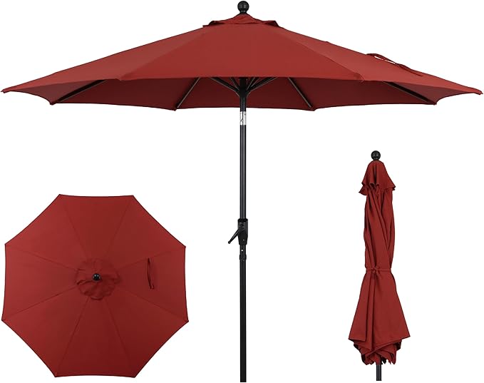 9FT Outdoor Patio Umbrella with Crank Lift & Auto Tilt - Market Umbrella, 8 Heavy-Duty Ribs, UV Resistant & Water-Repellent for Garden, Deck, Poolside & Backyard
