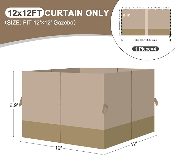 Aoodor 12x12 ft Outdoor Gazebo Curtains, 4 Panels Waterproof Privacy Sidewall Replacement with Zipper for Patio Pergola and Canopy, Sand Yellow and Khaki