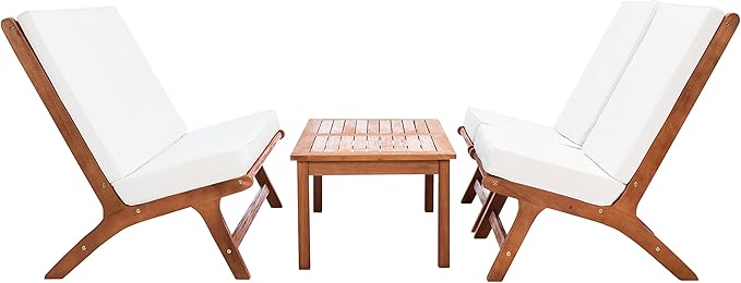 SAFAVIEH Outdoor Collection Chaston Natural Wood/Beige Cushion 4-Piece Conversation Patio Set