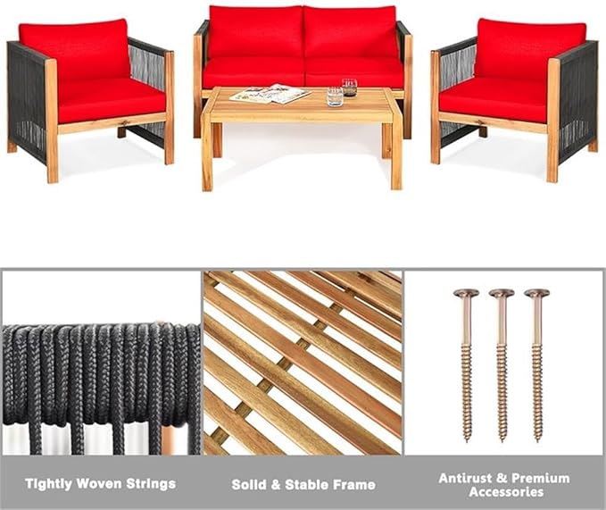 Pemberly Row 4-Piece Acacia Wood Patio Conversation Set, Cushioned Seats, Contemporary Style, Red Finish, Includes Coffee Table, Loveseat, 2 Chairs, Durable Outdoor Furniture for Backyard or Garden