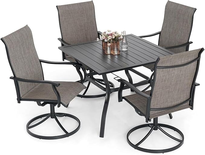 5 PCS Brown Gray Mixture Swivel Chairs, 35" Square Table Outdoor Dining Set | High Back, Retro Armrest, Textilene Fabric, All Weather, Rocking, Swivel Chairs, 35'' Square Table, Metal Top and Frame