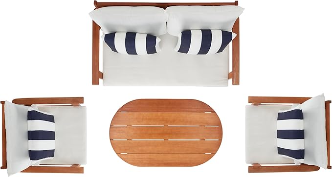 SAFAVIEH Outdoor Collection Deacon Natural Acacia Wood/Beige Cushion 4-Piece Conversation Patio Set with Accent Pillows