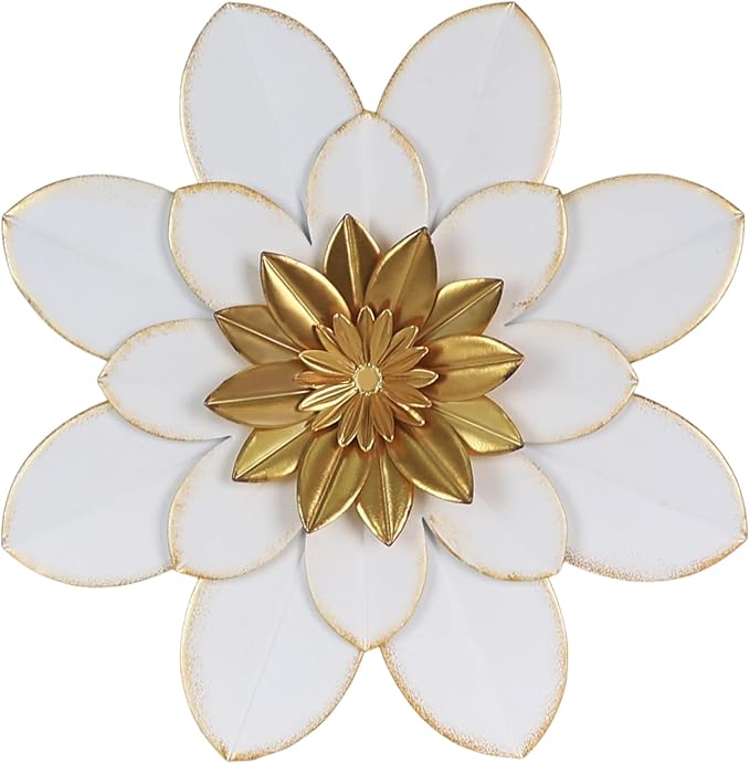 hogardeck Metal Flower Wall Decor, 16" White Gold Floral Metal Wall Art for Indoor Outdoor, Boho Farmhouse Modern Wall Decor for Bathroom, Living Room, Kitchen, Bedroom, Porch, Garden, Yard