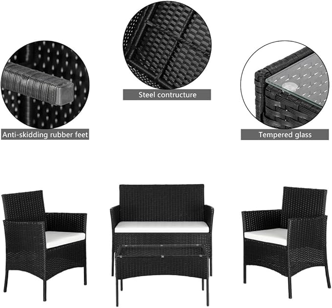Patio Furniture Set,4 Piece Outdoor Patio Conversation Set with Cushions,All-Weather PE Rattan Sectional Patio Sofa Set with 5mm Thick Tempered Glass Coffee Table,Black