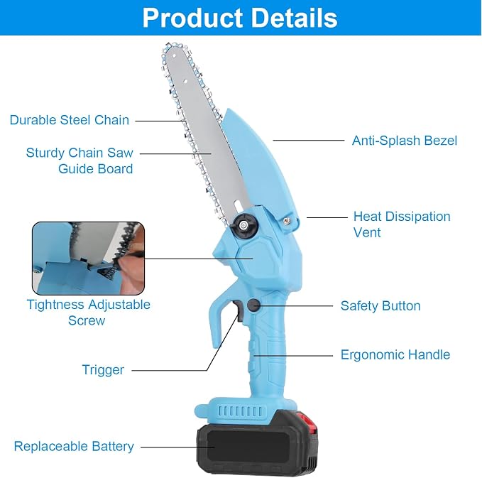 TeqHome Mini Chainsaw, 8 Inch Cordless Mini Electric Chainsaw Battery Powered with 2 Batteries & 2 Chains,Portable Handheld Small Chain Saw for Wood Tree Trimming Branches,Sawzall for Household Garden