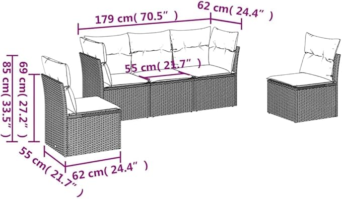 5 Piece Patio Sofa Set with Cushions, Patio Conversation Set Garden Lounge Set Porch Furniture Set Outdoor Sofa Sets for Exhibition Poolside Piazza Negotiation Area Black Poly Rattan