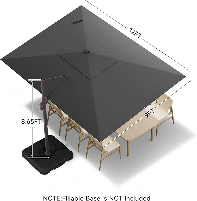 9x12 FT Cantilever Patio Umbrella, Large Rectangular Offset Outdoor Umbrella with 360° Rotation, Heavy Duty Shade Umbrella for Garden Backyard Deck Poolside Courtyard, Grey