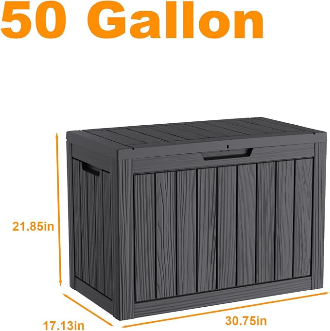 Resin Deck Box Outdoor Storage Box Waterproof for Patio Furniture,Outdoor Cushions,Garden Tools and Pool Supplies (Black, 50 Gallon)