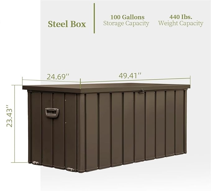 ChicFurnit Outdoor Storage Box, 100 Gallon Deck Box with Lockable Metal Lid & Portable Side Handles, Outdoor Storage Bin with Stable Support Rod, Soft Close Mechanism & Mobility Rollers, Dark Brown