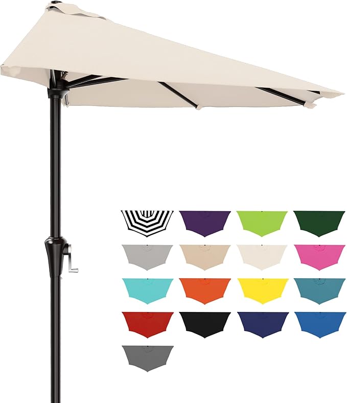 AreShark 9FT Half Patio Umbrella, Outdoor Wall Umbrella with Crank & 5 Sturdy Ribs, Table 1/2 Umbrella Patio for Garden, Deck, Balcony and Pool, Cream White