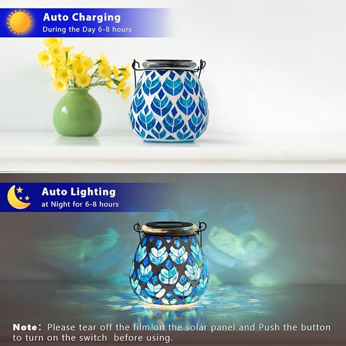 Stargarden 4 Pack Mosaic Solar Lanterns, Blue Glass Hanging Lantern Waterproof Outdoor Hanging Solar Lights Table Lamp for Garden ,Patio,Yard Decor