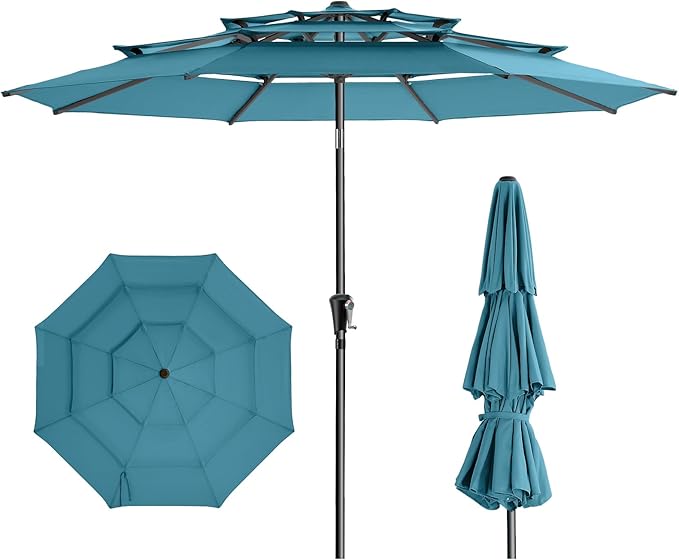HOMSHADE 9FT 3-Tiers Outdoor Patio Umbrella with 5-Year Fade Resistant,Vented Outdoor Commercial Market Umbrella with UPF50+ UV Protection & Push Button Tilt and Crank for Pool,Backyard(Light Blue)