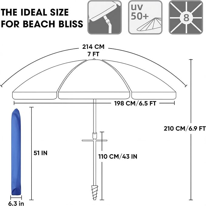 wikiwiki 7ft Beach Umbrella with Sand Anchor & Tilt, UPF 50+ Protection Beach Umbrellas for Sand, with Carry Bag and Hook, for Patio Garden Pool, Dark Blue