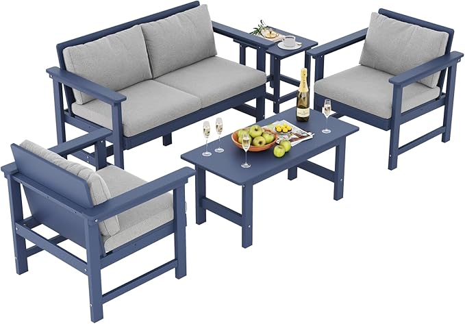 5-Piece Patio Conversation Sets, Weatherproof HDPE Sectional Furniture Set with Cushions, Outdoor Sofa Set for for Porch, Balcony, Deck, Lawn (Navy Blue)