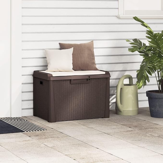 33 Gallon Patio Storage Box with Seat Cushion, PP Deck Box Organization and Storage Box, Patio Storage for Outdoor Pillows, Garden Tools, Brown,-472