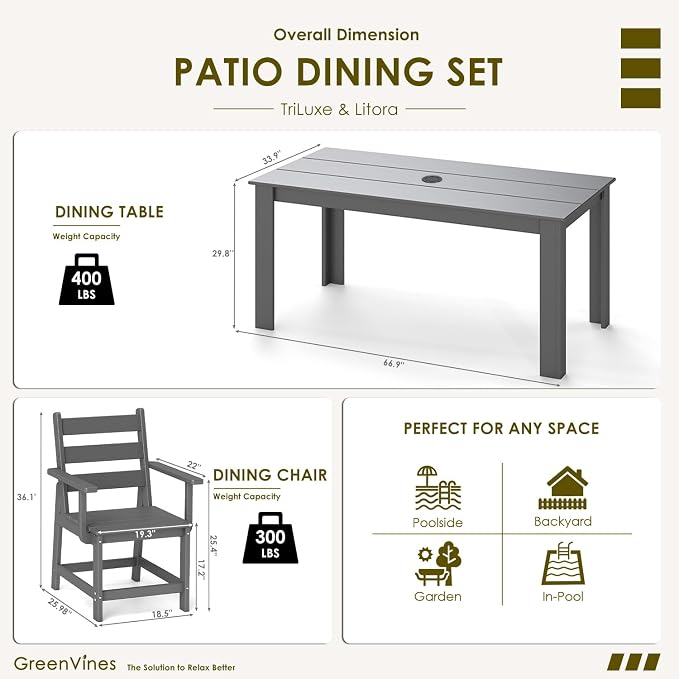 GREENVINES 7 Piece HDPE Outdoor Patio Dining Set, Removable Armrests, Gray