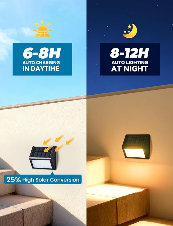 Solar Step Lights, 8 Pack Outdoor Waterproof Stair Lights, 3000K Warm White Light, Auto On/Off, Outdoor Solar Deck Light Decor for Garden Stairs, Front Step, Fence, Yard, Patio, Wall, Walkway, Porch