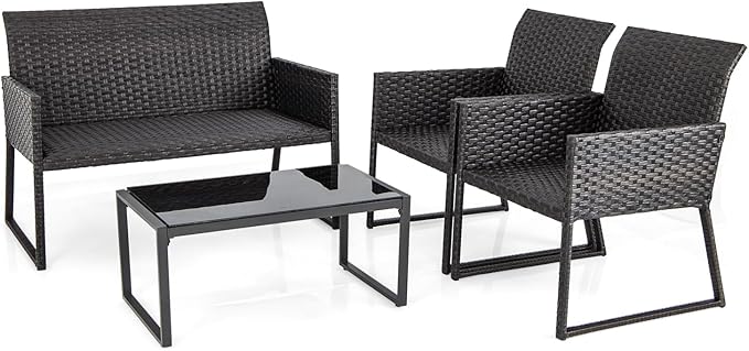 Tangkula 4 Pieces Wicker Patio Furniture Set with Quick Dry Foam, Patiojoy All Weather Resistant Outdoor Conversation Set, for Backyard, Poolside, Deck, Balcony, Garden (1, Mix Brown)