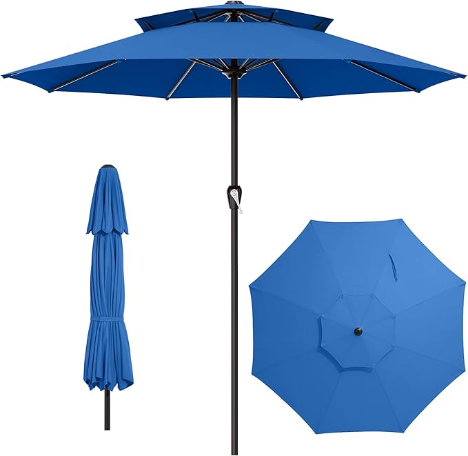 AreShark 12ft 2 Tiers Patio Umbrella - Outdoor Umbrella Waterproof UV Protection, Market Table Umbrella w/ 8 Sturdy Ribs&Crank for Pool, Porch, Garden(Royal Blue)