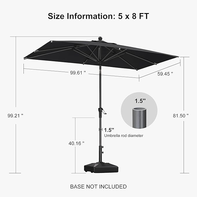 PURPLE LEAF 8' x 5' Rectangular Patio Umbrella Outdoor Table Umbrella Aluminum Frame Market Umbrella Sun Umbrella with 8 Sturdy Ribs & Tilt for Garden Deck Lawn & Pool Gray