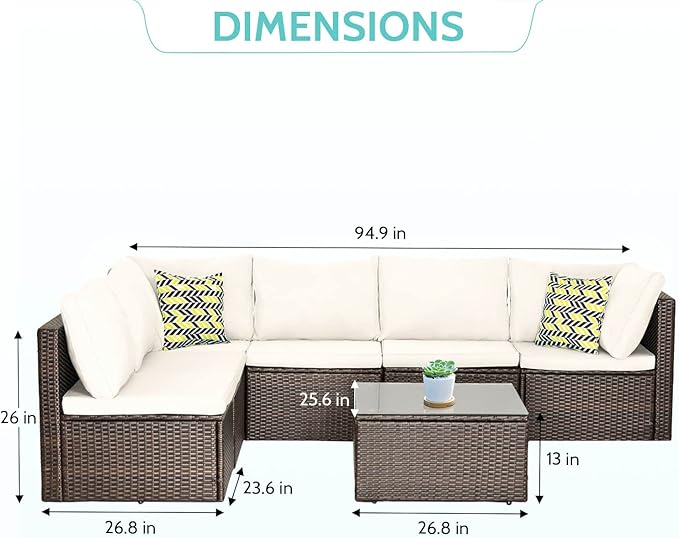 PayLessHere Patio Furniture Set 7 Pieces Outdoor Furniture Wicker Conversation Set Sectional Sofa and Coffee Table Wicker Patio Conversation Sets for Backyard Porch Balcony Poolside,Khaki Cushion