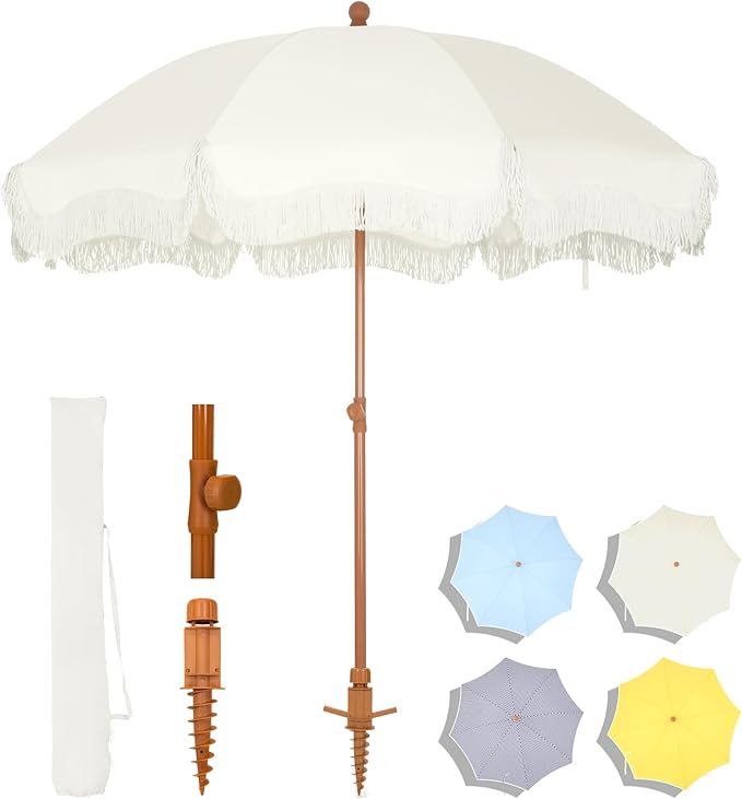 MFSTUDIO 7ft Patio Beach Umbrella with Fringe, Tassel Umbrellas UPF50+ with Sand Anchor & Tilt Button, Holiday Outdoor Umbrella with Carry Bag, Ideal for Garden Lawn Poolside, Ivory